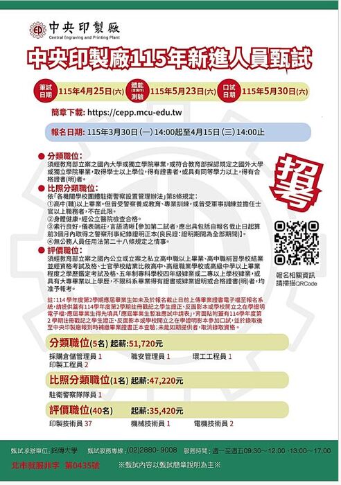 【徵才】中央印製廠115年新進人員甄試簡章圖片