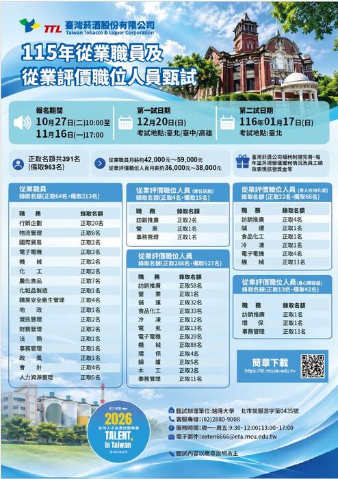 【徵才】臺灣菸酒股份有限公司115年從業職員及從業評價職位人員甄試招募圖片