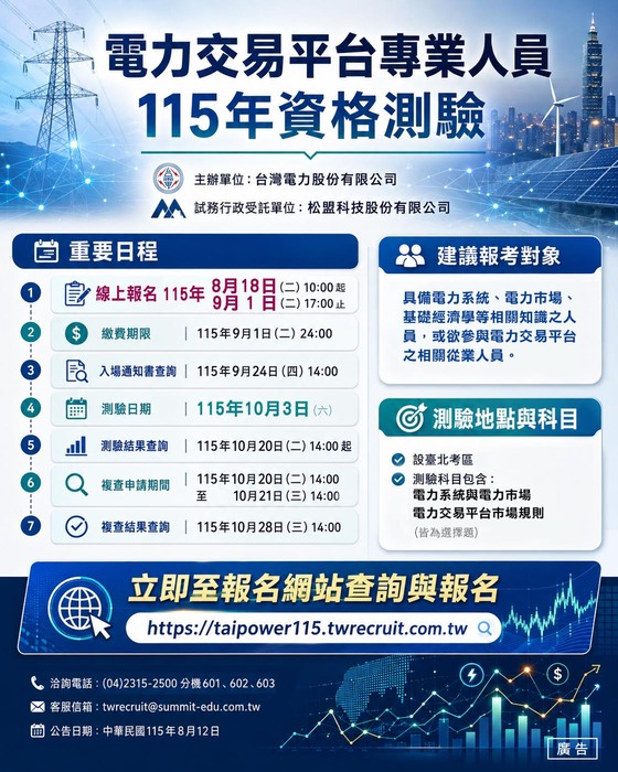 【徵才】台灣電力股份有限公司「電力交易平台專業人員115年資格測驗」圖片