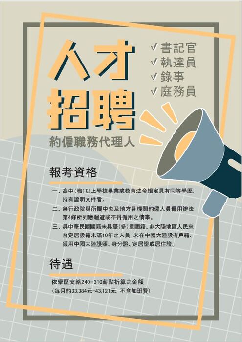 【徵才】臺灣新北地方法院115年第5次儲備約僱職務代理人甄試簡章徵才圖片